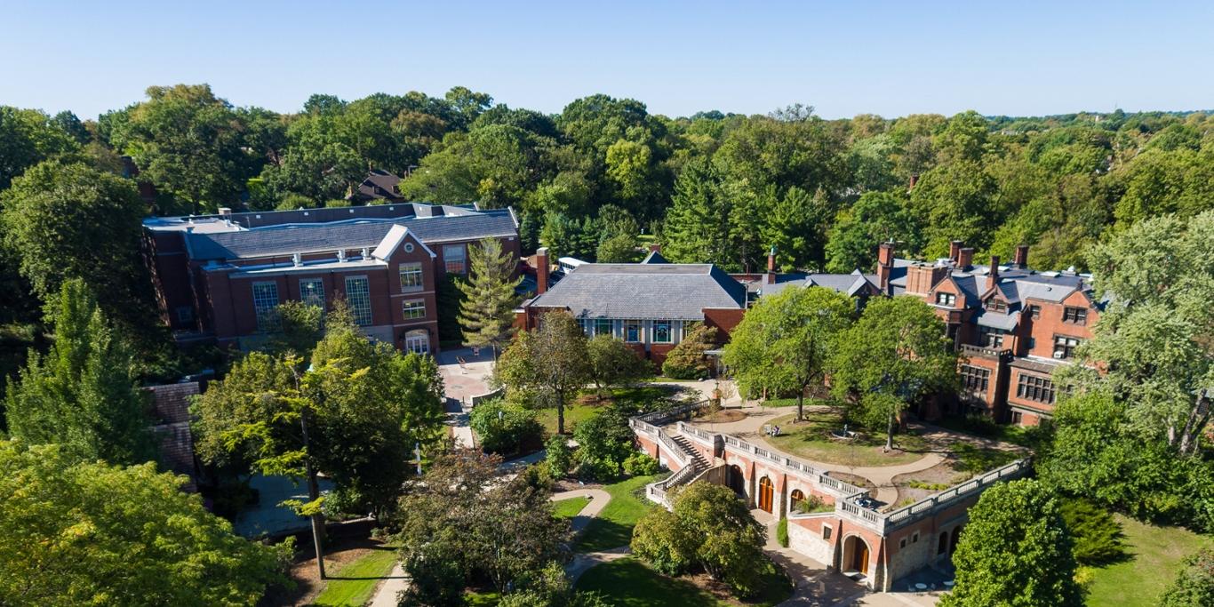 Photo of redbrick academic buildings sit on Chatham University's Shadyside campus in Pittsburgh. 